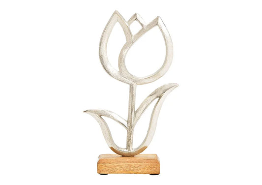 Aufsteller Tulpe aus Metall auf Mangoholz Sockel